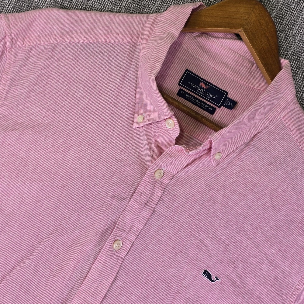 Vineyard Vines Linen Blend Shirt Mens XXL 2XL Whale Logo Pink Preppy Pin Stripes